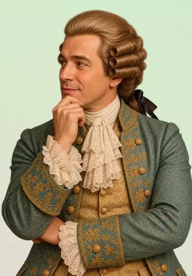 Pepco man wearing ornate 18th century costume with blue brocade jacket, lace cravat and powdered wig in thoughtful pose.